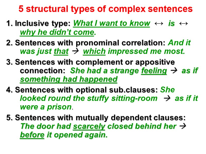 5 structural types of complex sentences 1. Inclusive type: What I want to know